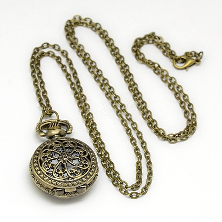 Alloy Flat Round with Flower  Pendant Necklace Quartz Pocket Watch WACH-N011-47-1