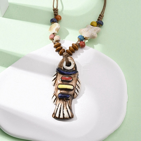 Ceramic Fish Pendant Adjustable Waxed Cord Necklaces for Women LS-NJEW-B146-01-1