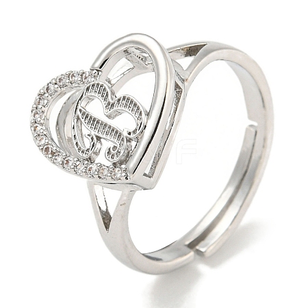 Heart with Letter Rack Plating Brass Micro Pave Cubic Zirconia Adjustable Rings for Women RJEW-I105-06P-B-1