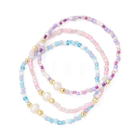 3Pcs 3 Color Natural Pearl & Seed Beaded Stretch Bracelets Set BJEW-JB09437-1