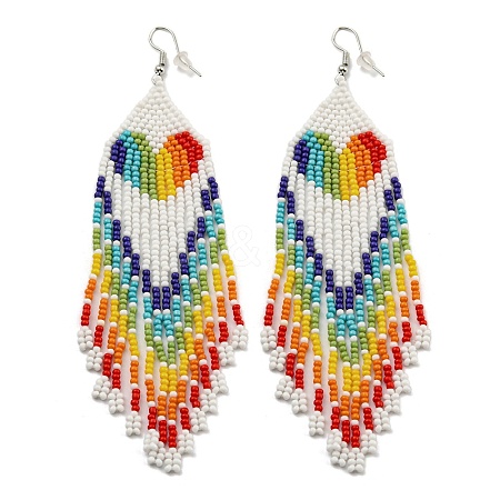 Boho Rainbow Color Seed Bead Heart Tassel Earrings EJEW-Q380-01A-1
