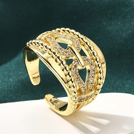 Rack Plating Brass Micro Pave Clear Cubic Zirconia Cuff Finger Rings for Women RJEW-M028-30G-04-1