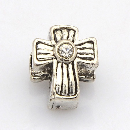 Cross Antique Silver Tone Alloy Rhinestone Beads X-ALRI-N025-09C-1