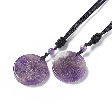 Natural Amethyst Flat Round with Tree of Life Pendant Necklace with Nylon Cord for Women NJEW-P274-03-02-1