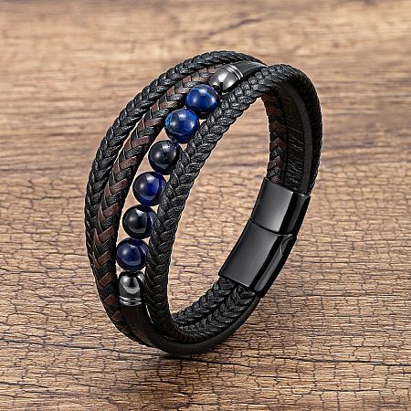 Natural Sodalite Round Beads & Braided Imitation Leather Cord Bracelets for Men FS-WGCE7B3-25-1