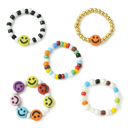 5Pcs 5 Style Smiling Face Acrylic & Glass Seed Stretch Rings Set RJEW-TA00071-1
