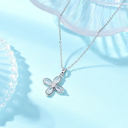 Flower Brass Pave Clear Cubic Zirconia Pendant Necklaces NJEW-JN05287-1