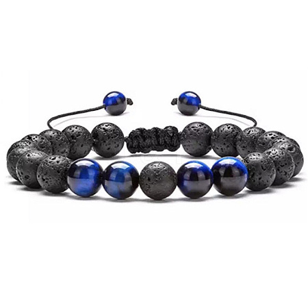 Adjustable Handstring Round Dyed Natural Blue Tiger Eye & Lava Rock Yoga Braided Bead Bracelets for Women Men LN5324-5-1