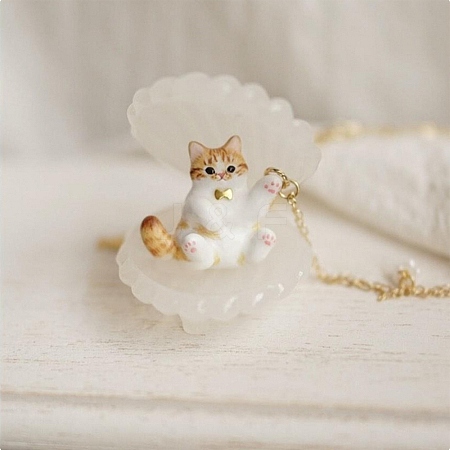304 Stainless Steel Enamel Cute Cat Shape Pendant Necklaces for Women SA-G068-01G-02-1