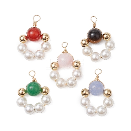 5Pcs 5 Colors Natural Rose Quartz & Tiger Eye & Carnelian & Green Aventurine & Quartz and ABS Plastic Imitation Pearl Pendants PALLOY-JF03196-1