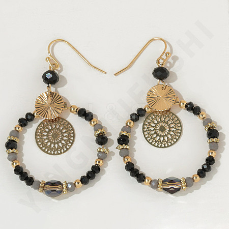 Brass Glass Flat Round with Rondelle Beaded Dangle Earrings FS-WG1FB0A-03-1
