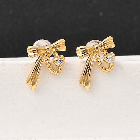 Brass Micro Pave Clear Cubic Zirconia Bowknot Stud Earrings EJEW-C158-14A-G-1