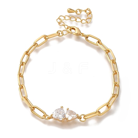 Double Heart Brass Micro Pave Clear Cubic Zirconia Cable Chain Bracelets For Women BJEW-L696-025G-1