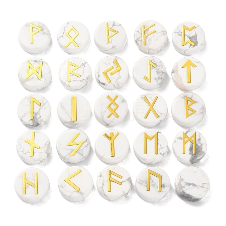 Brass Elder Futhark Alphabet Engraved Symbol Flat Round Natural Howlite Rune Stones G-I373-01F-1