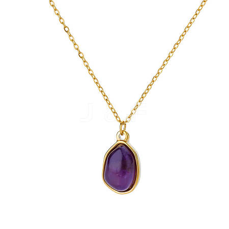 Natural Amethyst Irregular Oval Pendant 304 Stainless Steel Cable Chain Necklaces for Women FS-WGF500E-03-1
