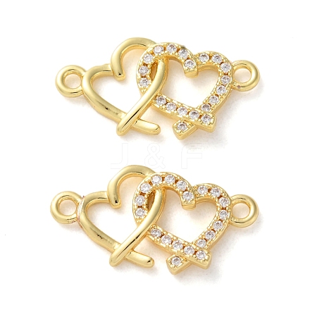 Rack Plating Brass Cubic Zirconia Double Heart Connector Charms KK-C084-32B-G-1