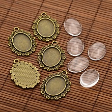 Vintage Alloy Flower Pendant Cabochon Bezel Settings and Transparent Oval Glass Cabochons DIY-X0230-AB-NF