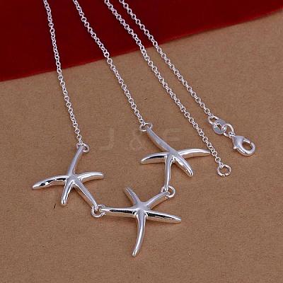 Popular Silver Color Plated Brass Three Starfish Pendant Necklaces For Women NJEW-BB12778-1