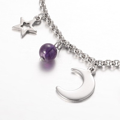 Moon & Star Stainless Steel Gemstone Charm Bracelets BJEW-JB01935-03-1