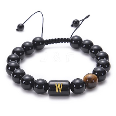 10MM Natural Black Onyx(Dyed & Heated) and Tiger Eye Alphabet Round Braided Bead Adjustable Bracelets for Women DM6424-23-1