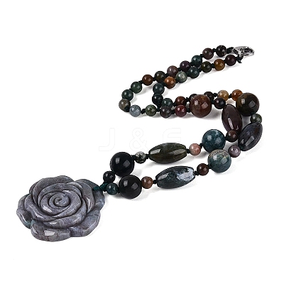 Natural Indian Agate Flower Pendant Necklaces NJEW-N064-08H-1
