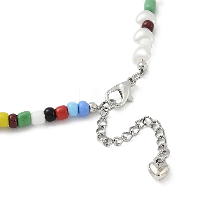 Bohemian Round Glass Seed Beaded Necklaces with Antique Silver Tone Alloy Heart Charms NJEW-JN05216-1