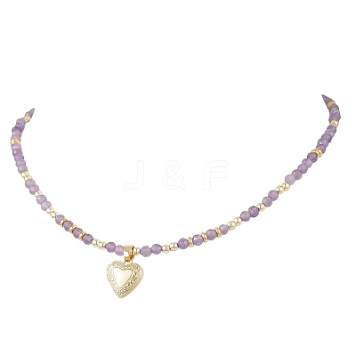3Pcs 3 Styles Brass Heart Locket Pendant Faceted Round Natural Amethyst & Rose Quartz & Dyed Agate Beaded Necklaces NJEW-JN05737-1