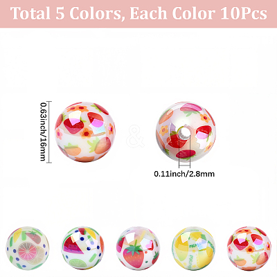 50Pcs 5 Styles Printed Opaque Acrylic Beads MACR-SC0002-38-1