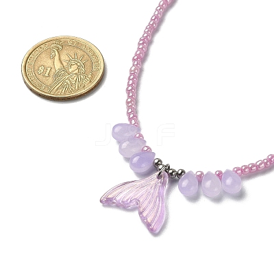 Glass Whale Tail Pendant Necklace with Beaded Chains NJEW-JN04351-1