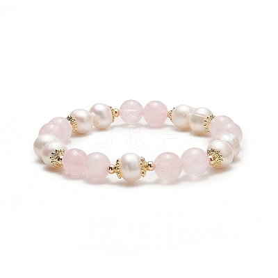 Natural Rose Quartz & Pearl Round Beaded Stretch Bracelet for Women BJEW-JB09246-03-1