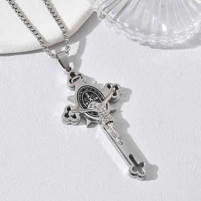 Religion 201 Stainless Steel Enamel Saint Benedict Crucifix Cross Pendant 304 Stainless Steel Box Chain Necklaces SA-CBA3211-03P-1