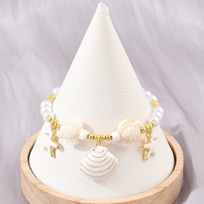 Ocean Brass Enamel Starfish Shell Shape Charm Bracelets for Women KK-CBA68DA-16G-02-1