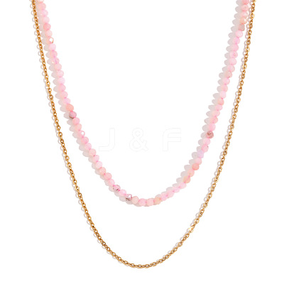 18K Gold Plated Stainless Steel & Natural Pink Opal Beaded Double Layer Necklaces for Women QW1726-4-1