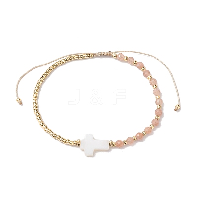 3mm Round Faceted Natural Sunstone & Seed Beads Braided Bead Bracelets BJEW-JB10594-02-1
