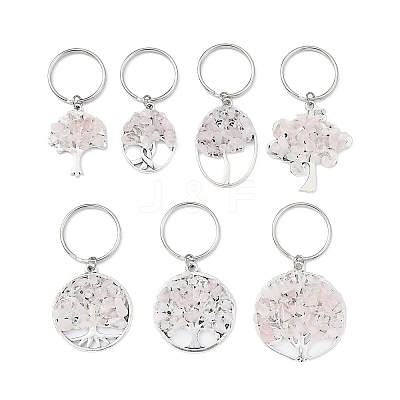 Natural Rose Quartz Chip & Alloy Tree of Life Pendant Keychain KEYC-JKC00648-05-1