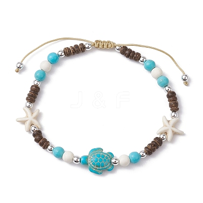 Starfish & Tortoise Synthetic Turquoise Braided Bead Anklets AJEW-AN00564-02-1
