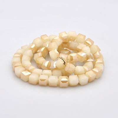 Half Rainbow Plated Imitation Jade Glass Faceted Cube Beads Strands GLAA-A031-8mm-HR04-1