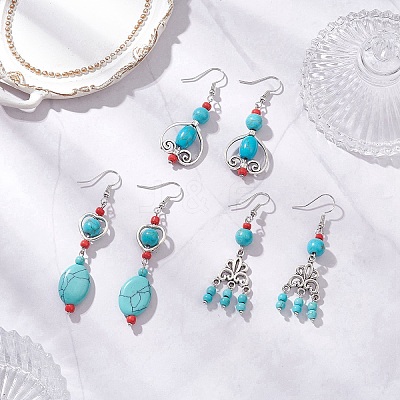 3 Pairs Tibetan Style Alloy Synthetic Turquoise Dangle Earrings EJEW-JE06575-1