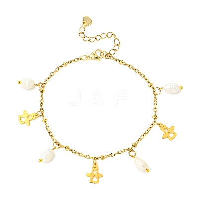 304 Stainless Steel & Electroplated Glass Natural Cultured Freshwater Pearl Charm Bracelets BJEW-JB13978-1