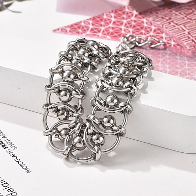 304 Stainless Steel Ball Rings Link Bracelets for Women BJEW-F488-17P-1