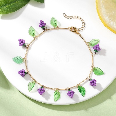 Acrylic Leaf & Glass Seed Beaded Grapes Tassel Brass Bar Link Chain Anklets for Women AJEW-MZ00008-01-1