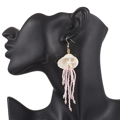 304 Stainless Steel Dyed Synthetic Turquoise & Natural Rose Quartz & Glass Seed Beaded Jellyfish Dangle Earrings EJEW-MZ00529-02-1