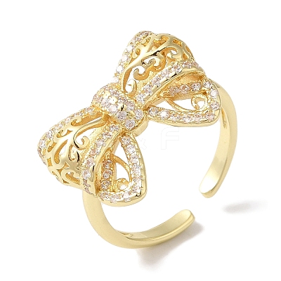 Bowknot Brass Micro Pave Clear Cubic Zirconia Open Cuff Rings for Women RJEW-C098-24G-1