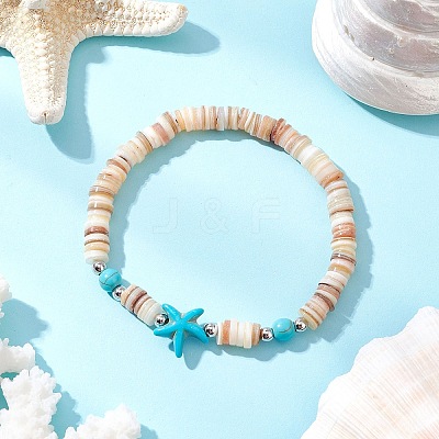 2Pcs Starfish & Tortoise Natural Freshwater Shell with Synthetic Turquoise Beads Stretch Bracelets for Men Women BJEW-JB11745-1
