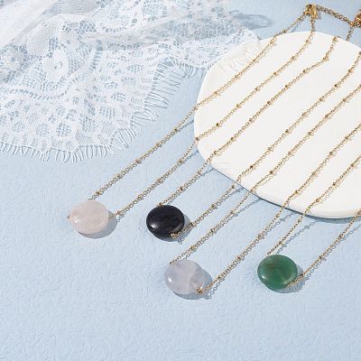 Flat Round Natural Mixed Stone Pendant Necklace for Girl Women NJEW-JN03749-1