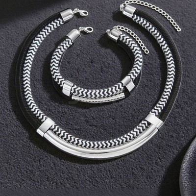 Alloy Polyester Black White Necklace & Bracelet Set FS-WG59022-02-1