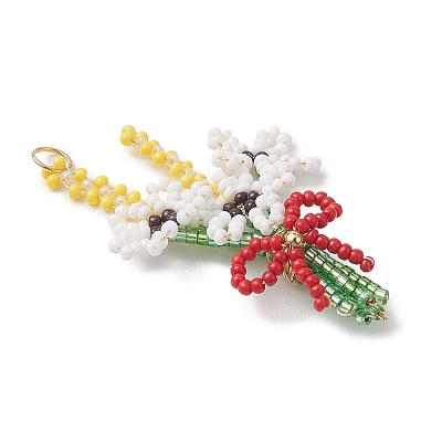 3Pcs 3D Glass Seed Beaded Bouquet with Bowknot Pendants PALLOY-MZ01153-1