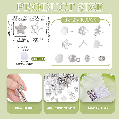 100Pcs Mixed Shapes 304 Stainless Steel Stud Earring Settings & Findings STAS-TA0005-88-1