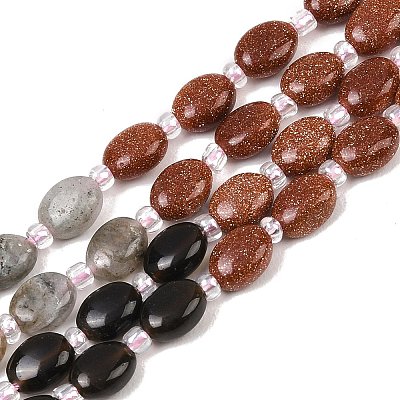 Cherry Quartz Glass & Natural Labradorite & Synthetic Goldstone & Obsidian Beads Strands G-Z135-A04-1