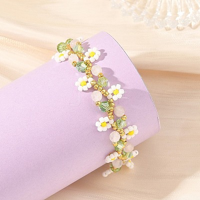 Flower Seed Bead Beaded Bracelet Sets with Natural Rose Quartz for Women BJEW-MZ00350-01-1